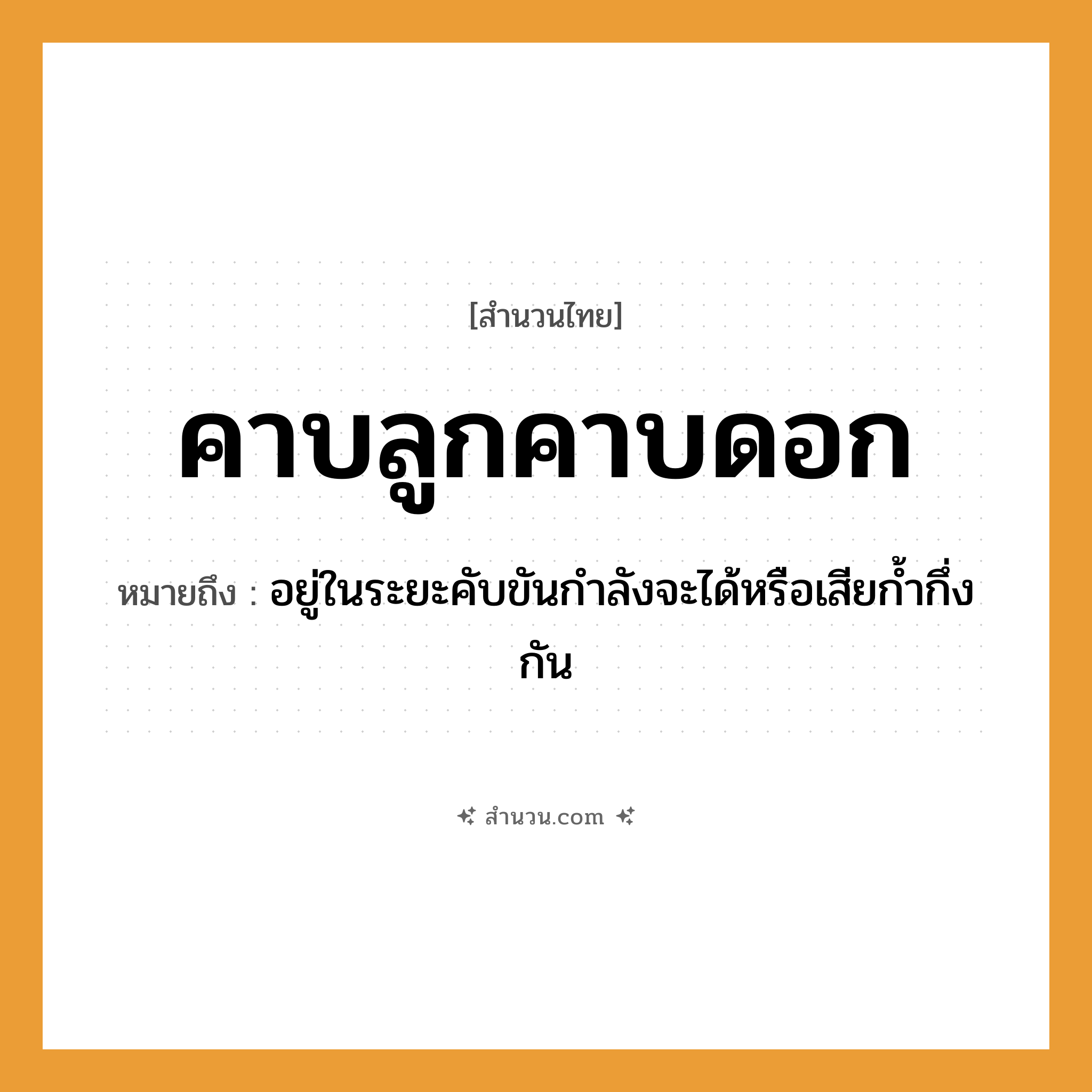 สำนวนไทย: คาบลูกคาบดอก หมายถึง?, หมายถึง อยู่ในระยะคับขันกำลังจะได้หรือเสียก้ำกึ่งกัน คำกริยา คาบ ครอบครัว ลูก