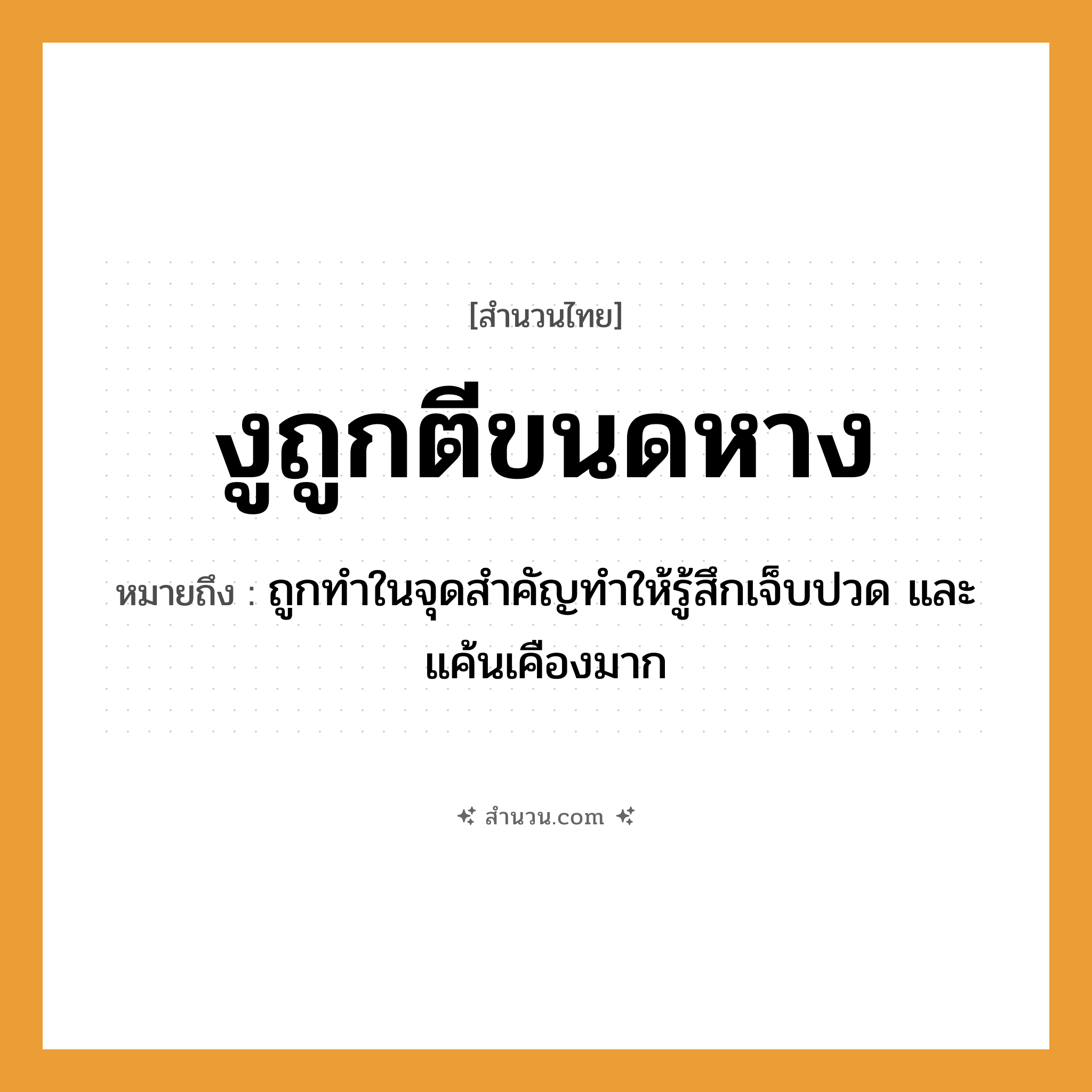 สำนวนไทย: งูถูกตีขนดหาง หมายถึง?, หมายถึง ถูกทำในจุดสำคัญทำให้รู้สึกเจ็บปวด และแค้นเคืองมาก อวัยวะ หาง คำกริยา ตี สัตว์ งู