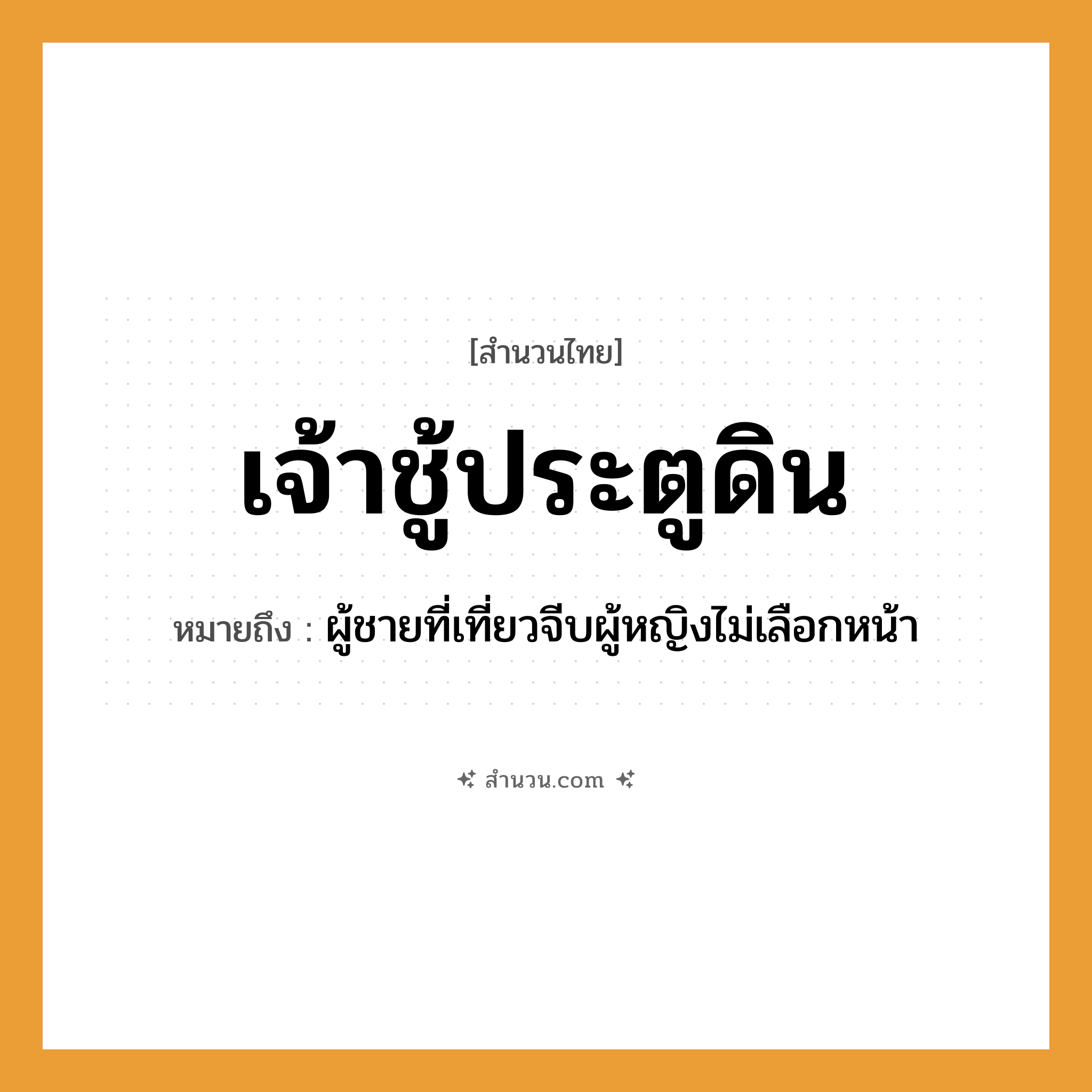 สำนวนไทย: เจ้าชู้ประตูดิน หมายถึง?, หมายถึง ผู้ชายที่เที่ยวจีบผู้หญิงไม่เลือกหน้า คำนาม ชาย, หญิง อวัยวะ หน้า ธรรมชาติ ดิน