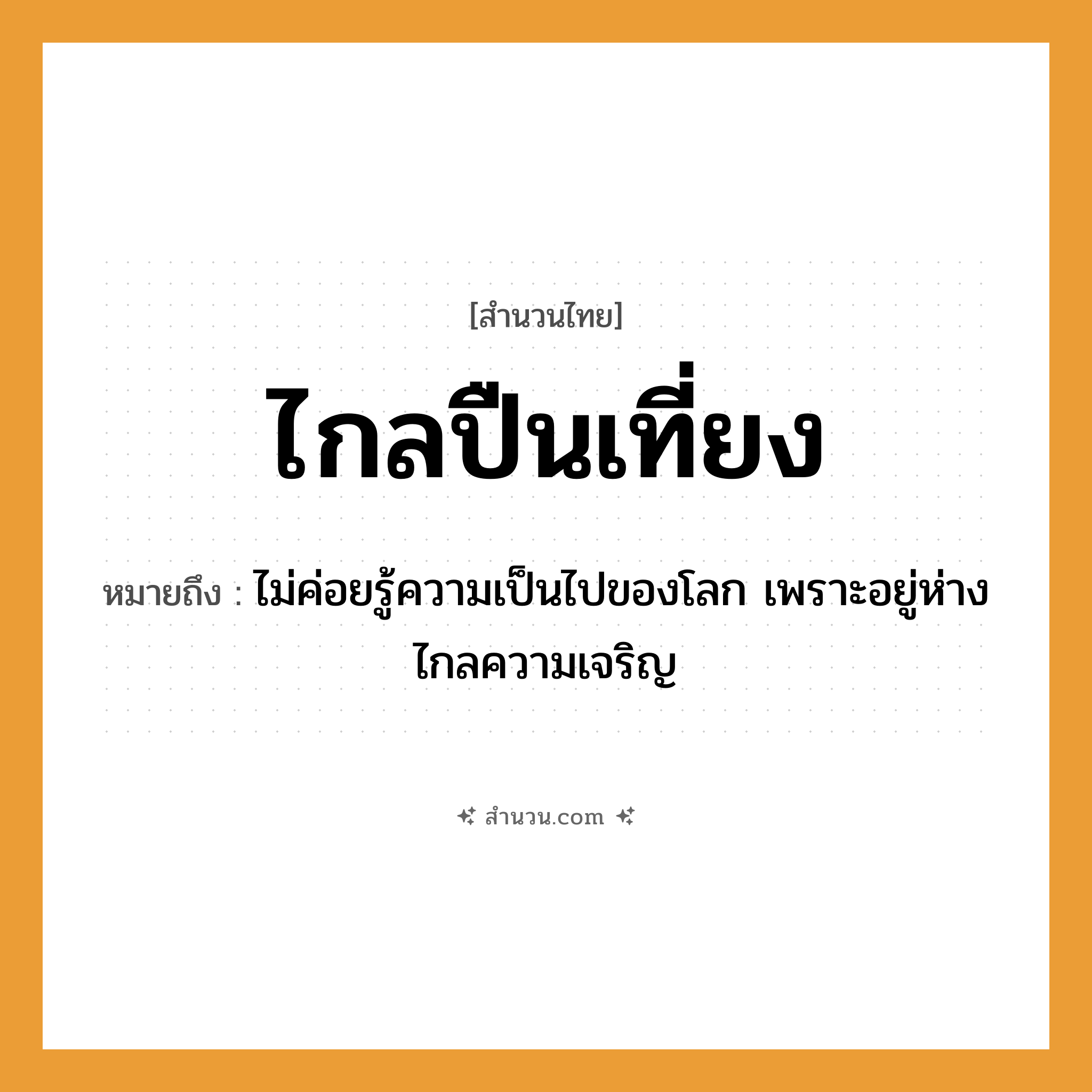 สำนวนไทย: ไกลปืนเที่ยง หมายถึง?, หมายถึง ไม่ค่อยรู้ความเป็นไปของโลก เพราะอยู่ห่างไกลความเจริญ สิ่งของ ปืน คำคุณศัพท์ ไกล, เที่ยง หมวด สำนวนไทย
