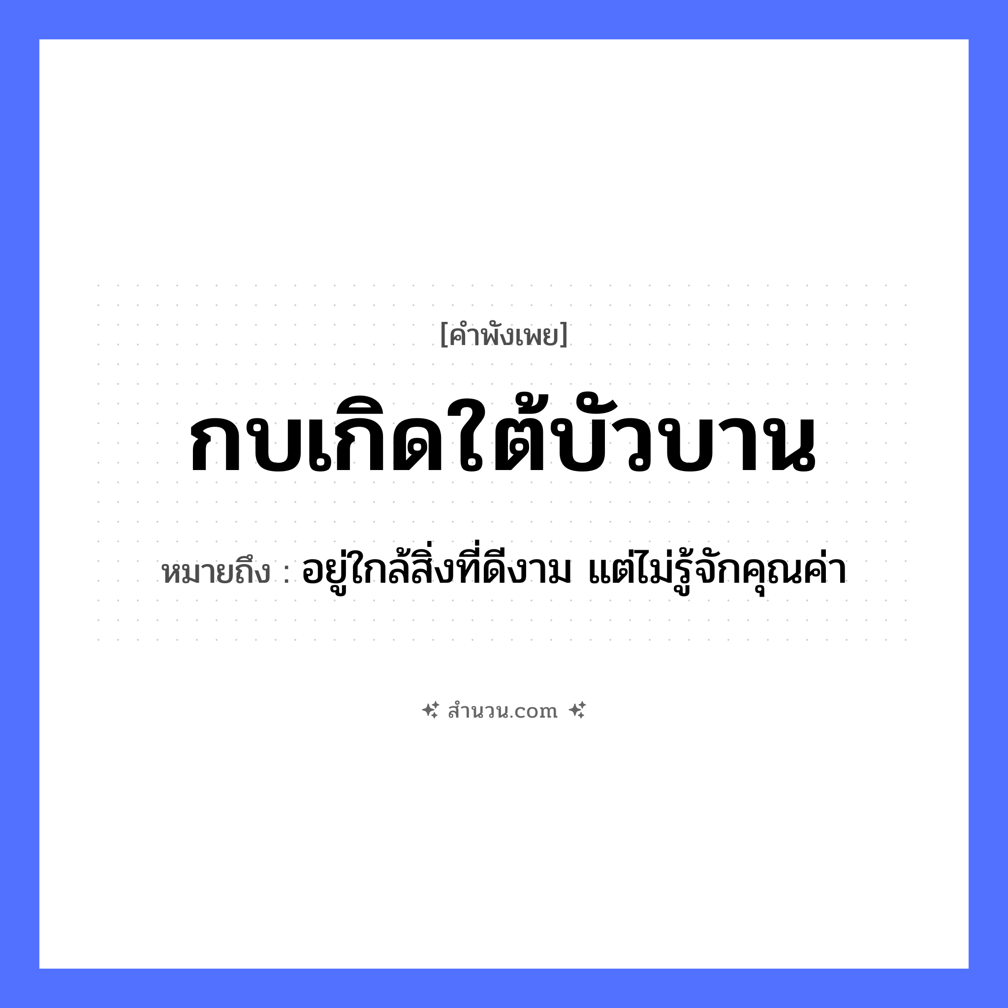 สำนวนไทย: กบเกิดใต้บัวบาน หมายถึง?, หมายถึง อยู่ใกล้สิ่งที่ดีงาม แต่ไม่รู้จักคุณค่า สัตว์ กบ คำกริยา เกิด ธรรมชาติ บัว, ใต้บัวบาน หมวด คำพังเพย