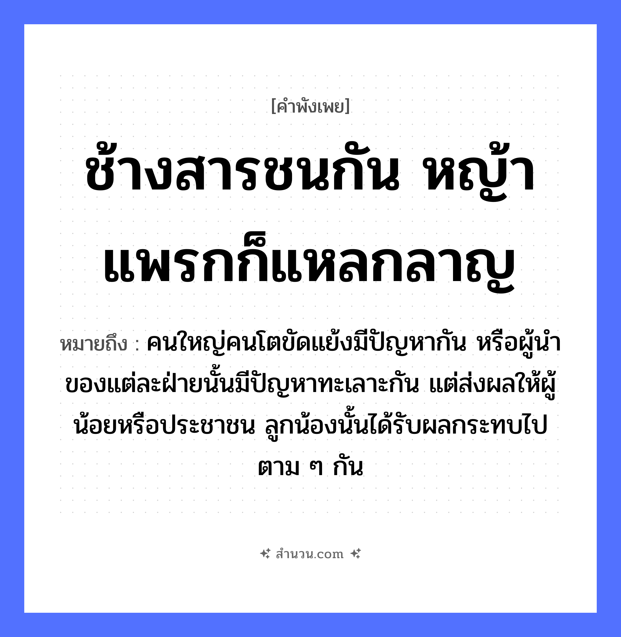 สำนวนไทย: ช้างสารชนกัน หญ้าแพรกก็แหลกลาญ หมายถึง?, หมายถึง คนใหญ่คนโตขัดแย้งมีปัญหากัน หรือผู้นำของแต่ละฝ่ายนั้นมีปัญหาทะเลาะกัน แต่ส่งผลให้ผู้น้อยหรือประชาชน ลูกน้องนั้นได้รับผลกระทบไปตาม ๆ กัน ธรรมชาติ หญ้าแพรก สัตว์ ช้างสาร คำกริยา ชน, แหลกลาญ หมวด คำพังเพย