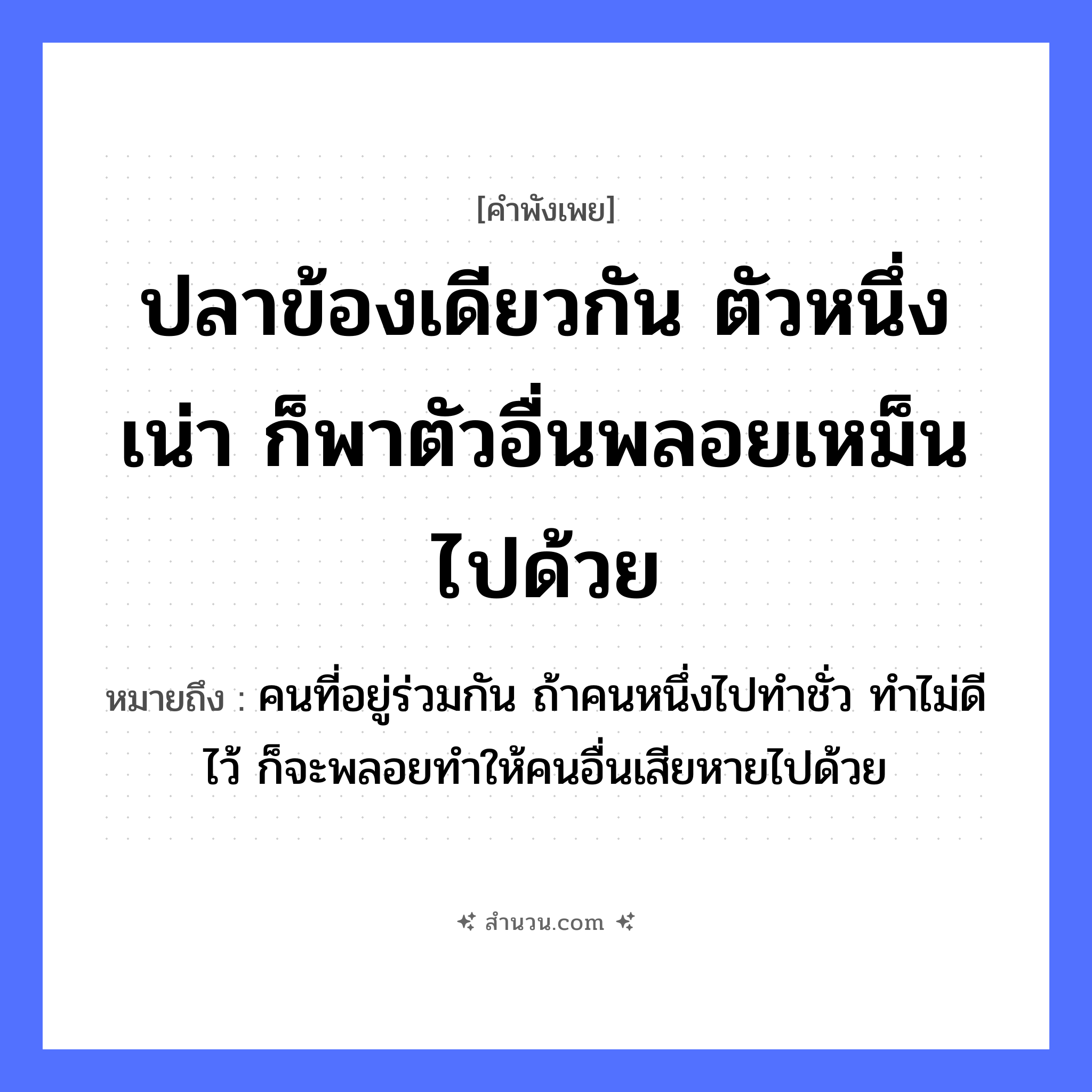 สำนวนไทย: ปลาข้องเดียวกัน ตัวหนึ่งเน่า ก็พาตัวอื่นพลอยเหม็นไปด้วย หมายถึง?, หมายถึง คนที่อยู่ร่วมกัน ถ้าคนหนึ่งไปทำชั่ว ทำไม่ดีไว้ ก็จะพลอยทำให้คนอื่นเสียหายไปด้วย สัตว์ ปลา คำกริยา เน่า, เหม็น สิ่งของ ข้อง หมวด คำพังเพย