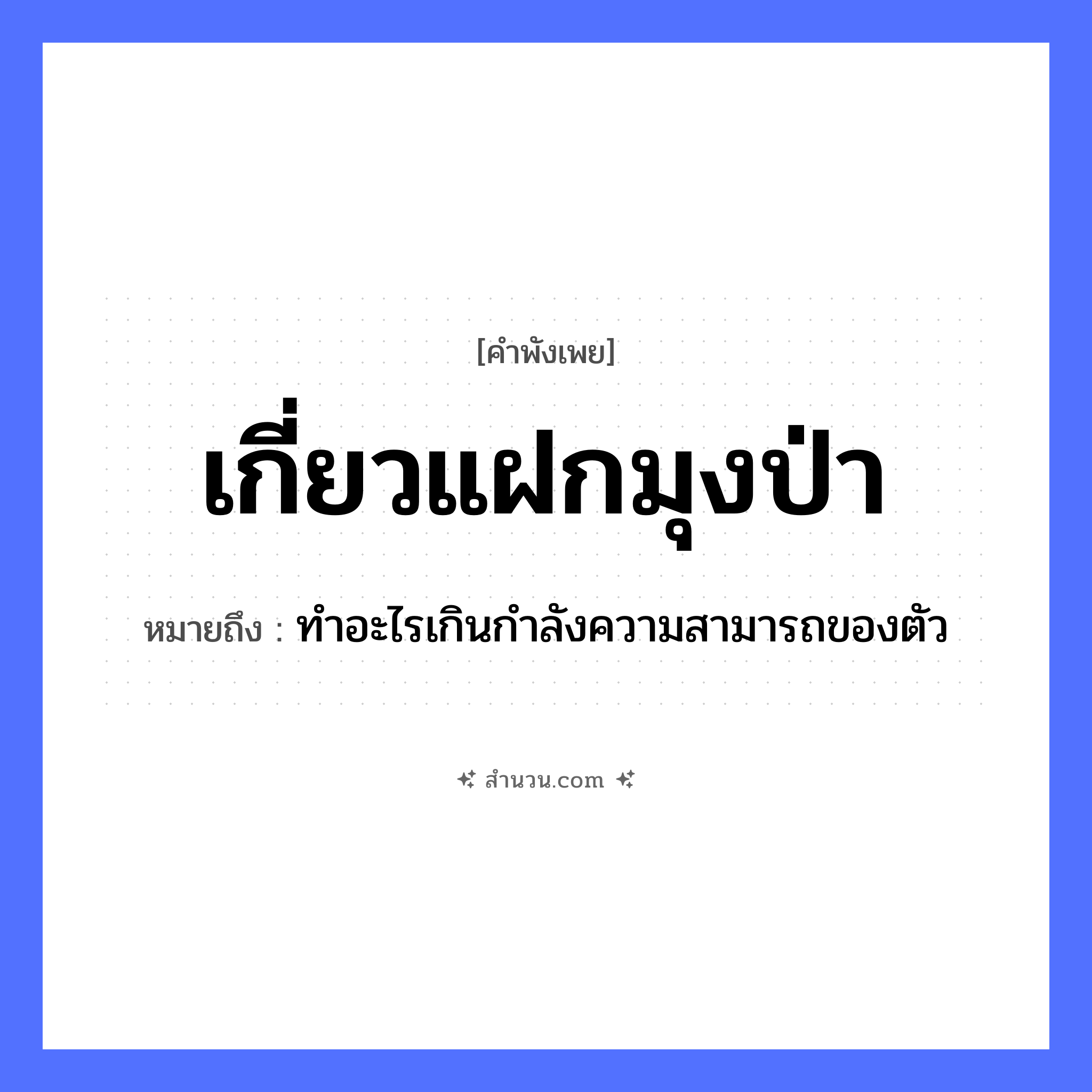 สำนวนไทย: เกี่ยวแฝกมุงป่า หมายถึง?, หมายถึง ทําอะไรเกินกําลังความสามารถของตัว พืช แฝก คำกริยา เกี่ยว, มุง ธรรมชาติ ป่า หมวด คำพังเพย