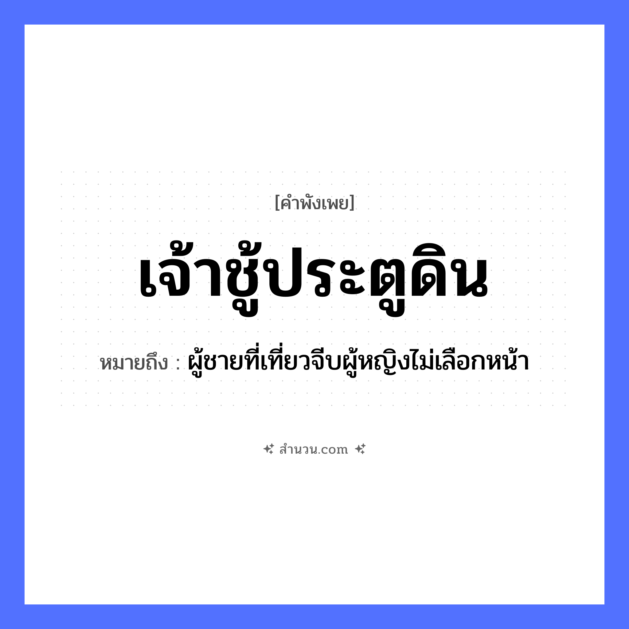 สำนวนไทย: เจ้าชู้ประตูดิน หมายถึง?, หมายถึง ผู้ชายที่เที่ยวจีบผู้หญิงไม่เลือกหน้า สถานที่ ประตูดิน ลักษณะนิสัย เจ้าชู้ คำนาม เจ้าชู้ หมวด คำพังเพย