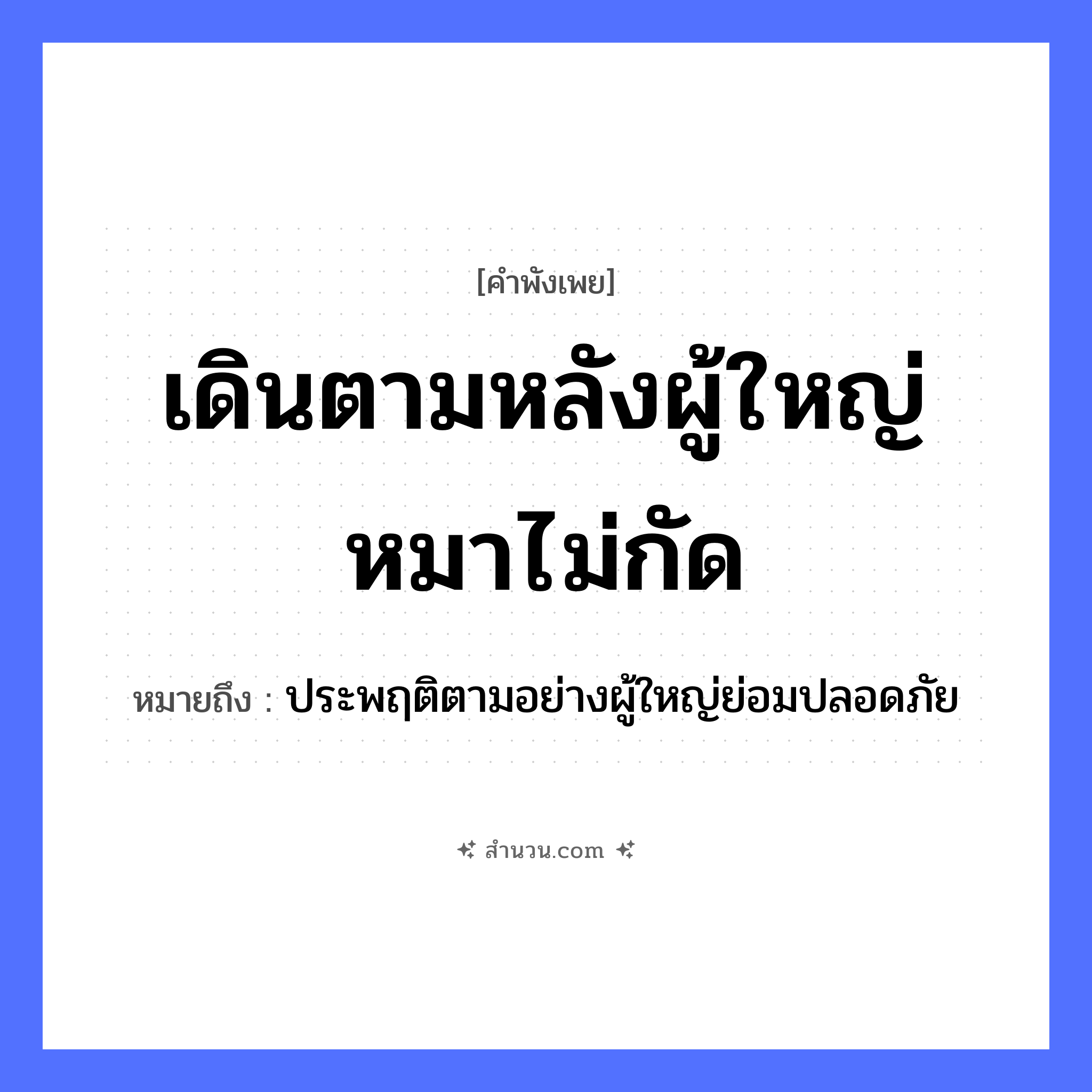 สำนวนไทย: เดินตามหลังผู้ใหญ่หมาไม่กัด หมายถึง?, หมายถึง ประพฤติตามอย่างผู้ใหญ่ย่อมปลอดภัย สัตว์ หมา