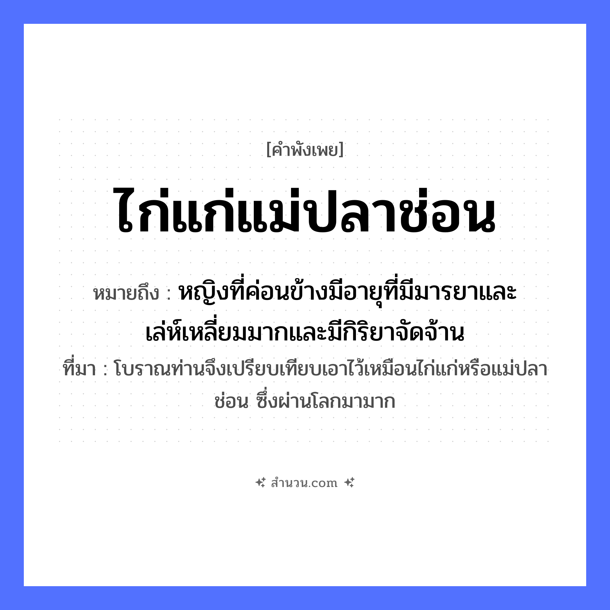 สำนวนไทย: ไก่แก่แม่ปลาช่อน หมายถึง?, หมายถึง หญิงที่ค่อนข้างมีอายุที่มีมารยาและเล่ห์เหลี่ยมมากและมีกิริยาจัดจ้าน ที่มา โบราณท่านจึงเปรียบเทียบเอาไว้เหมือนไก่แก่หรือแม่ปลาช่อน ซึ่งผ่านโลกมามาก สัตว์ ไก่, ปลาช่อน คำคุณศัพท์ แก่ หมวด คำพังเพย