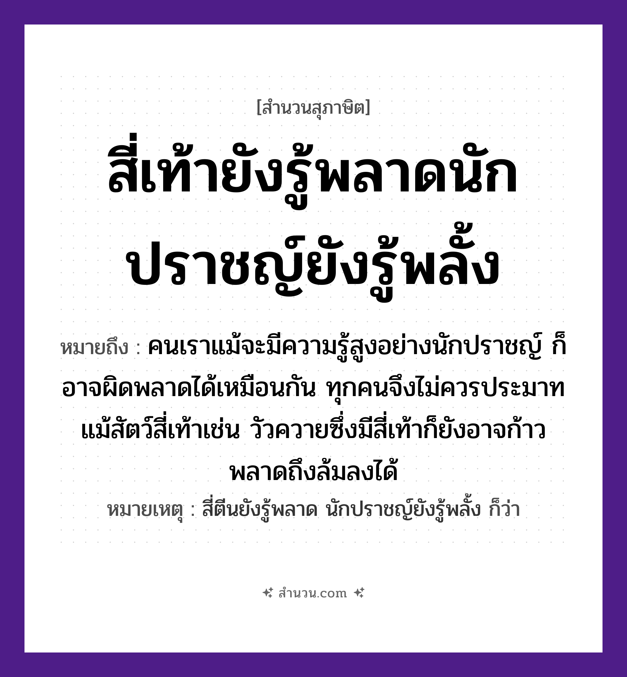 สำนวนไทย: สี่เท้ายังรู้พลาดนักปราชญ์ยังรู้พลั้ง หมายถึง?, หมายถึง คนเราแม้จะมีความรู้สูงอย่างนักปราชญ์ ก็อาจผิดพลาดได้เหมือนกัน ทุกคนจึงไม่ควรประมาท แม้สัตว์สี่เท้าเช่น วัวควายซึ่งมีสี่เท้าก็ยังอาจก้าวพลาดถึงล้มลงได้ หมายเหตุ สี่ตีนยังรู้พลาด นักปราชญ์ยังรู้พลั้ง ก็ว่า บุคคล นักปราชญ์ สัตว์ สี่เท้า คำกริยา พลาด, พลั้ง หมวด สุภาษิต