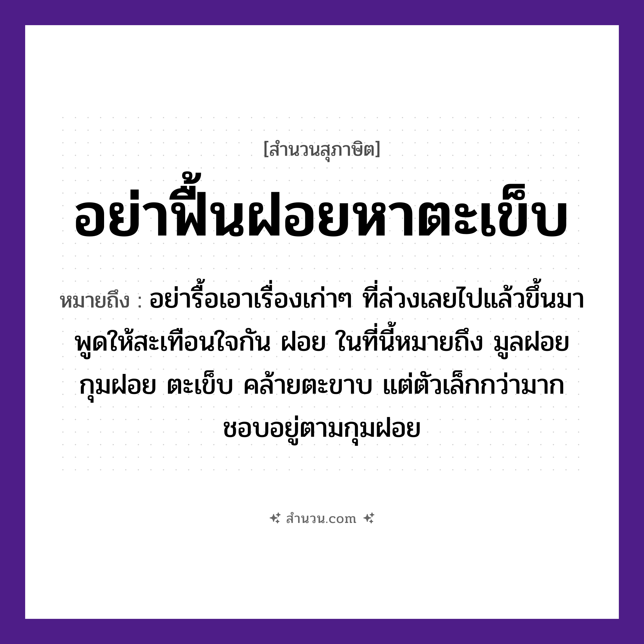 สำนวนไทย: อย่าฟื้นฝอยหาตะเข็บ หมายถึง?, หมายถึง อย่ารื้อเอาเรื่องเก่า ๆ ที่ล่วงเลยไปแล้วขึ้นมาพูดให้สะเทือนใจกัน หมายเหตุ ฝอย ในที่นี้หมายถึง มูลฝอย กุมฝอย ตะเข็บ คล้ายตะขาบ แต่ตัวเล็กกว่ามาก ชอบอยู่ตามกุมฝอย อวัยวะ ใจ, ขา, ตัว