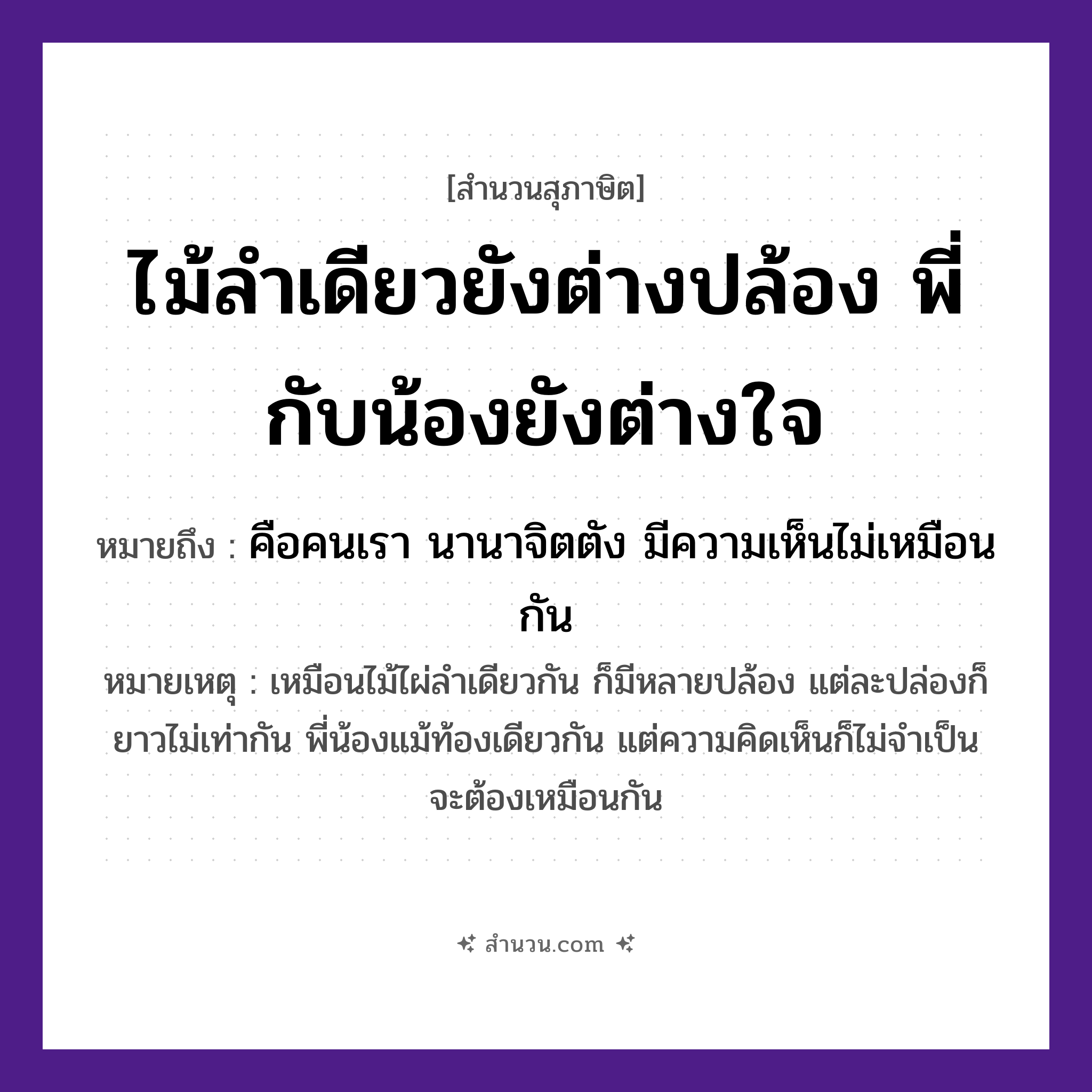 สำนวนไทย: ไม้ลำเดียวยังต่างปล้อง พี่กับน้องยังต่างใจ หมายถึง?, หมายถึง คือคนเรา นานาจิตตัง มีความเห็นไม่เหมือนกัน หมายเหตุ เหมือนไม้ไผ่ลำเดียวกัน ก็มีหลายปล้อง แต่ละปล่องก็ยาวไม่เท่ากัน พี่น้องแม้ท้องเดียวกัน แต่ความคิดเห็นก็ไม่จำเป็นจะต้องเหมือนกัน อวัยวะ ใจ ครอบครัว พี่, น้อง ธรรมชาติ ไม้ คำนาม คน